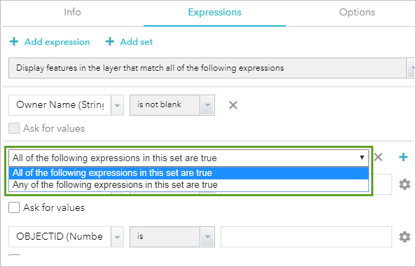 Expressions tab showing an added set with highlighted option
